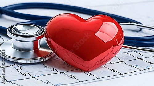 Symbolic image depicting heart health monitoring with a stethoscope and a shiny red heart resting atop an ECG printout in a clinical setting