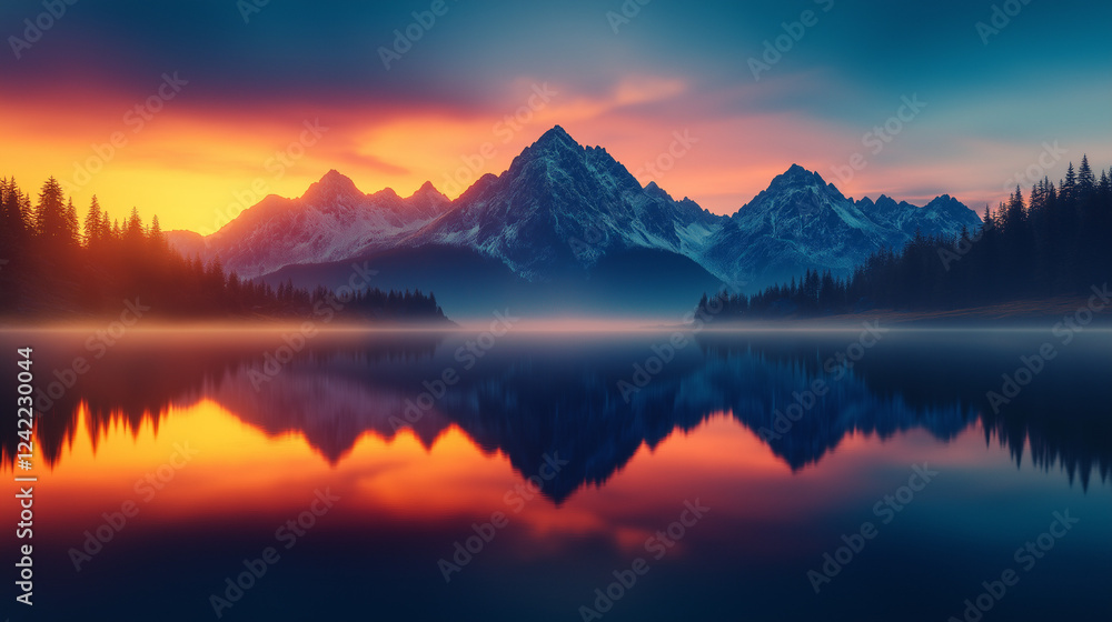 Fototapeta premium Majestic Mountain Reflection: A breathtaking panorama of snow-capped mountains reflected in a tranquil lake at sunset, painting the sky in a vibrant tapestry of orange, pink, and blue.