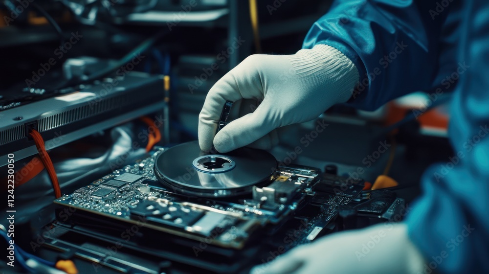 Naklejka premium Technician installing hard drive.