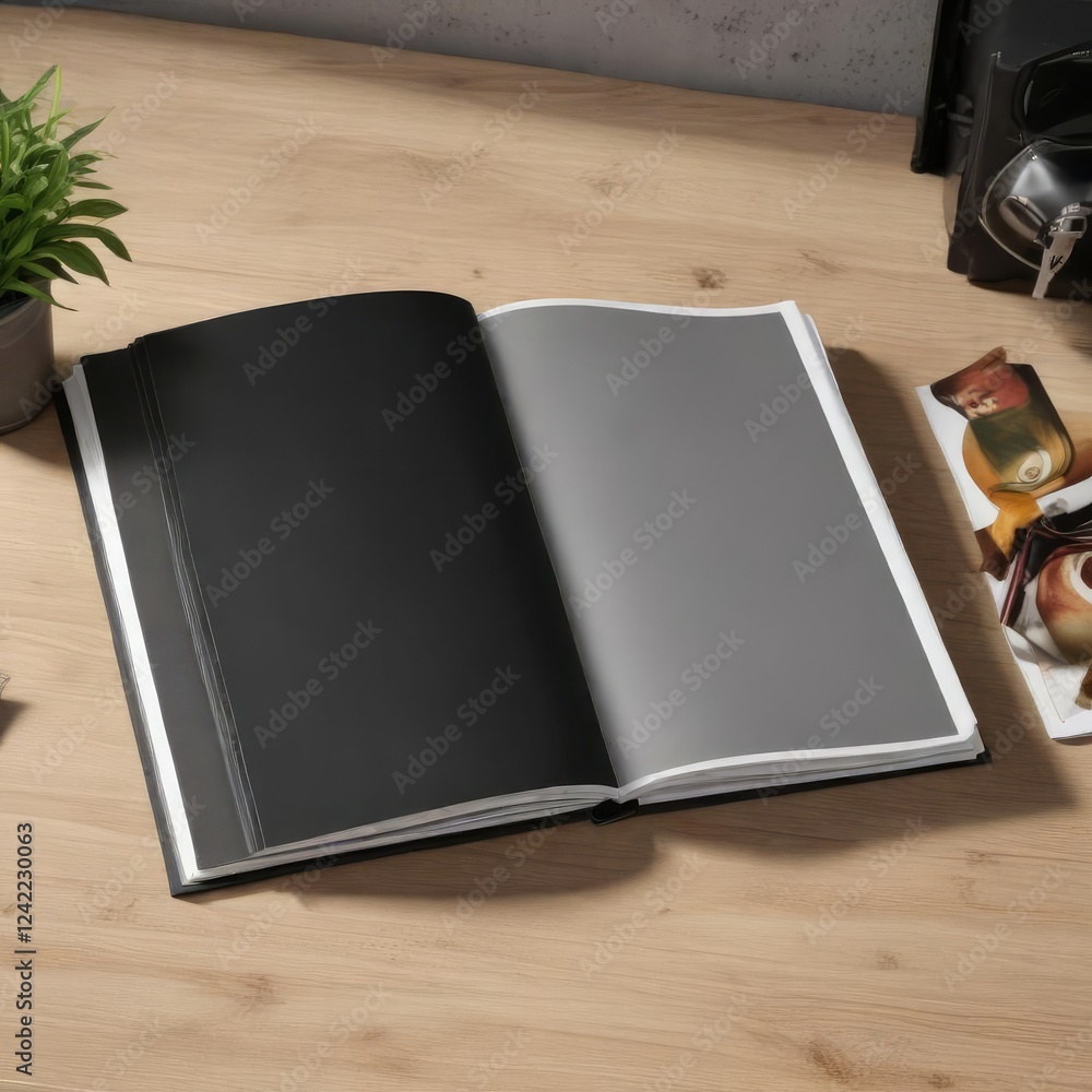 Open vertical photo album mockup with blank pages, photography, mock-up, design