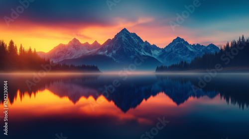 Wallpaper Mural Majestic Mountain Reflection: A breathtaking panorama of snow-capped mountains reflected in a tranquil lake at sunset, painting the sky in a vibrant tapestry of orange, pink, and blue. Torontodigital.ca