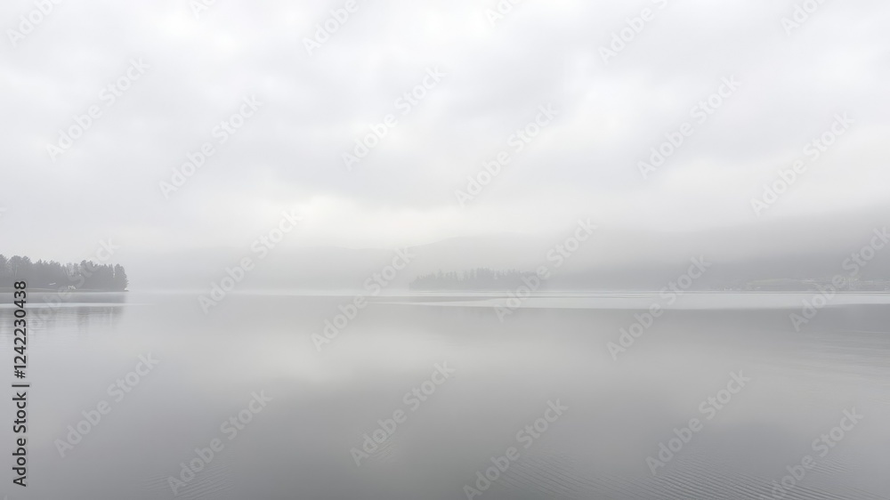 Fototapeta premium Overcast sky and misty atmosphere on a still lake at midday in the Italian countryside, serene, overcast