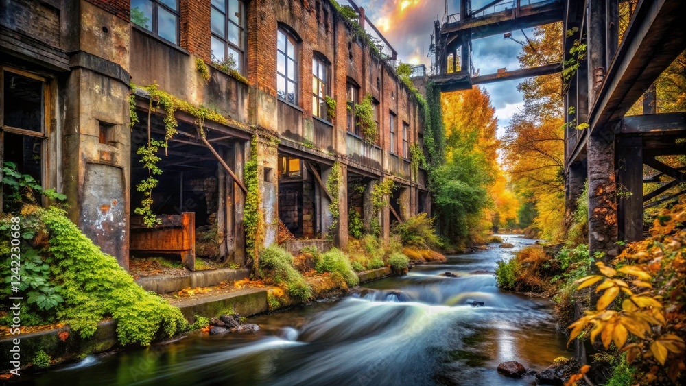 Fototapeta premium Nature reclaims abandoned structures; leaves and river flow past industrial decay in a gritty urban exploration.