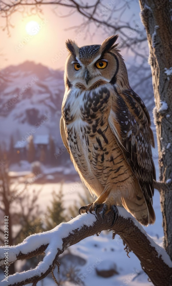 Fototapeta premium Owl perched on a tree branch looking out at a snow-covered landscape with a hint of sunrise in the sky, frosty, landscape