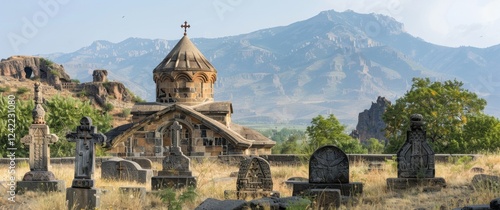 Ancient Armenian church, conical dome rising above khachkars.  Stone architecture,  dramatic mountains blur in background.  A serene, historical scene.