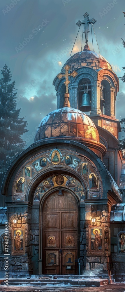 Obraz premium Ancient Byzantine cathedral at dawn. Patinated copper dome, ornate mosaic icons grace entrance. Morning mist veils bell tower. Dramatic lighting enhances scene.