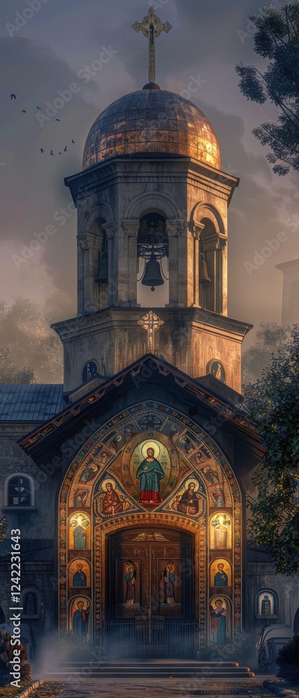 Obraz premium Ancient Byzantine cathedral at dawn. Patina-covered copper dome gleams. Intricate mosaic icons adorn the entrance. Morning mist shrouds the bell tower. Dramatic lighting enhances the scene.