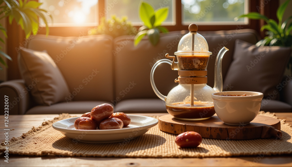 Traditional coffee pot and dates in warm indoor setting, Ramadan gathering Traditional coffee pot and dates in warm indoor setting, Ramadan gathering