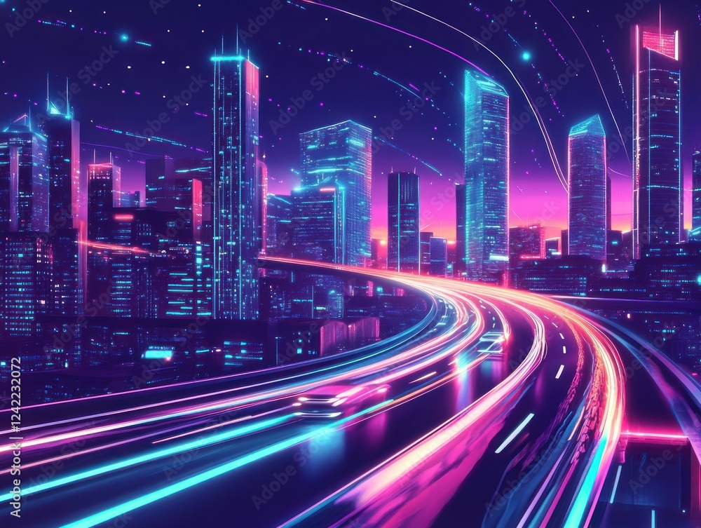 Fototapeta premium Cityscape at night with neon lines of cars moving on highway, illuminated buildings, technology background