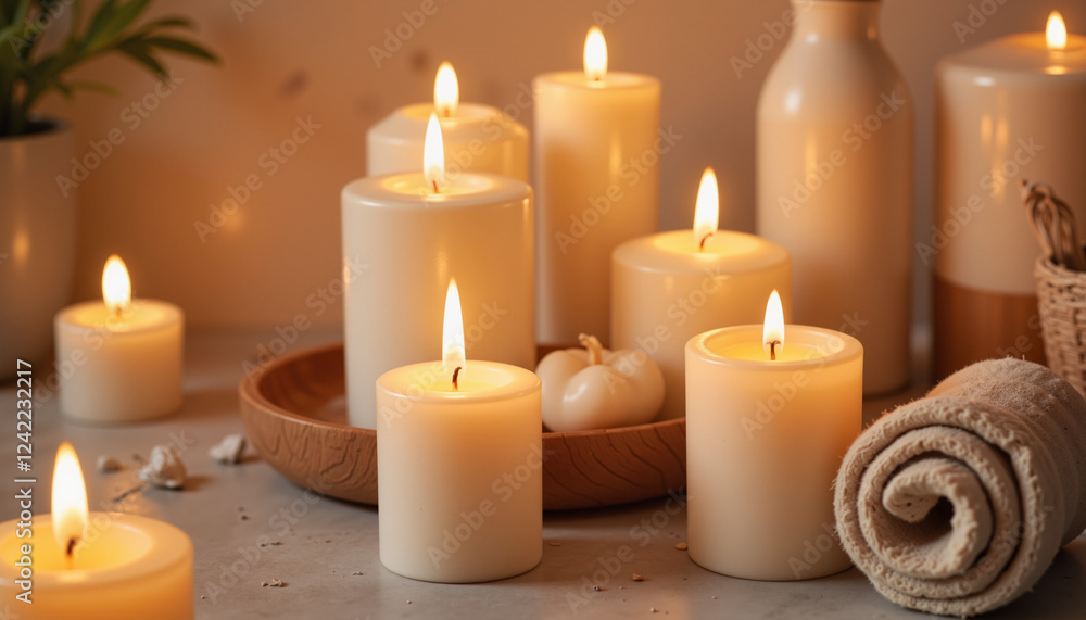 Decorative candles glowing in serene bathroom, calming ambiance Decorative candles glowing in serene bathroom, calming ambiance