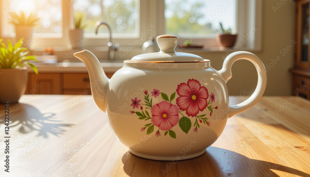 Decorative floral teapot in cozy kitchen with morning light, Mother's Day Decorative floral teapot in cozy kitchen with morning light, Mother's Day