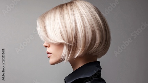 Beautiful blonde woman posing with trendy bob hairstyle