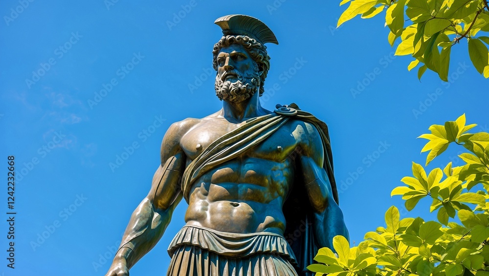 Obraz premium Majestic bronze greek warrior amidst lush greenery