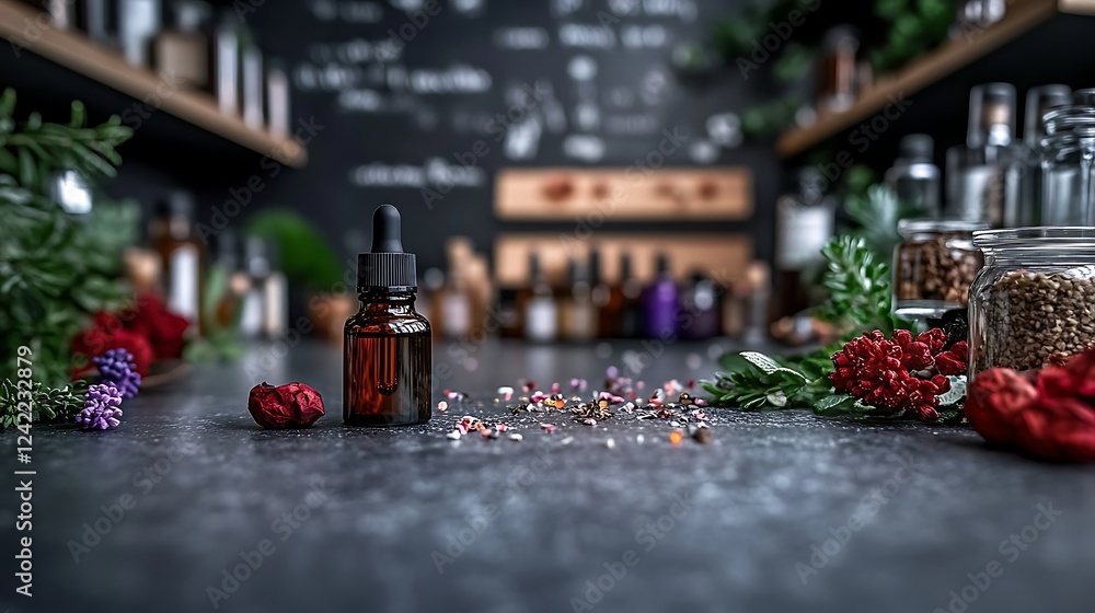 Close-up of an amber dropper bottle on a rustic countertop with herbs and spices, creating a tranquil atmosphere Close-up of an amber dropper bottle on a rustic countertop with herbs and spices, creating a tranquil atmosphere
