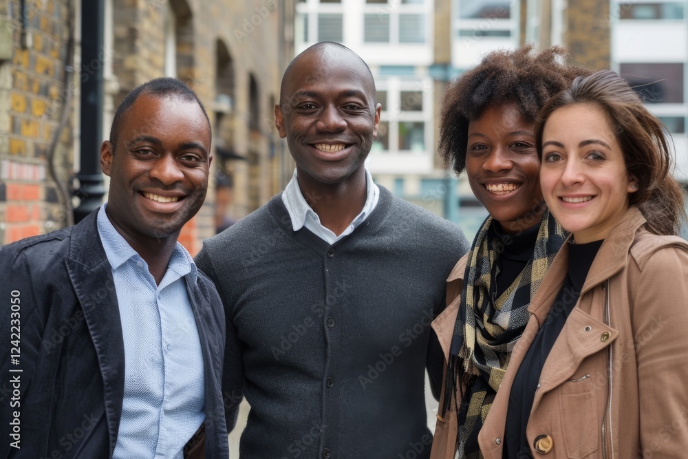Portrait of happy multiethnic group of friends standing together outdoors Portrait of happy multiethnic group of friends standing together outdoors