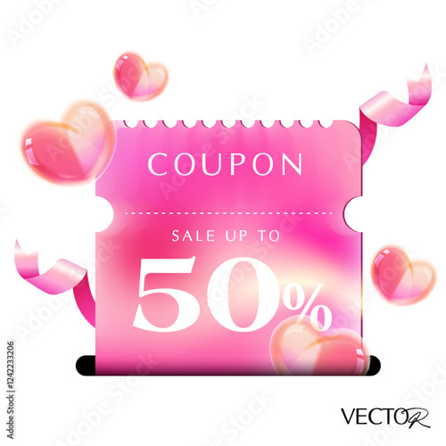 3d valentine coupon is being printed from a slot, with percent price off, coupon code, red gift boxes and love and heart icons, isolated on white background. Print Gift voucher vector banner template