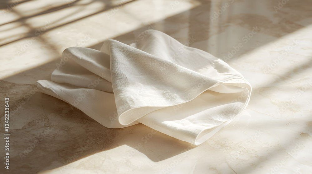 Obraz premium Soft, creamy fabric draped elegantly on a light-colored surface, bathed in sunlight.