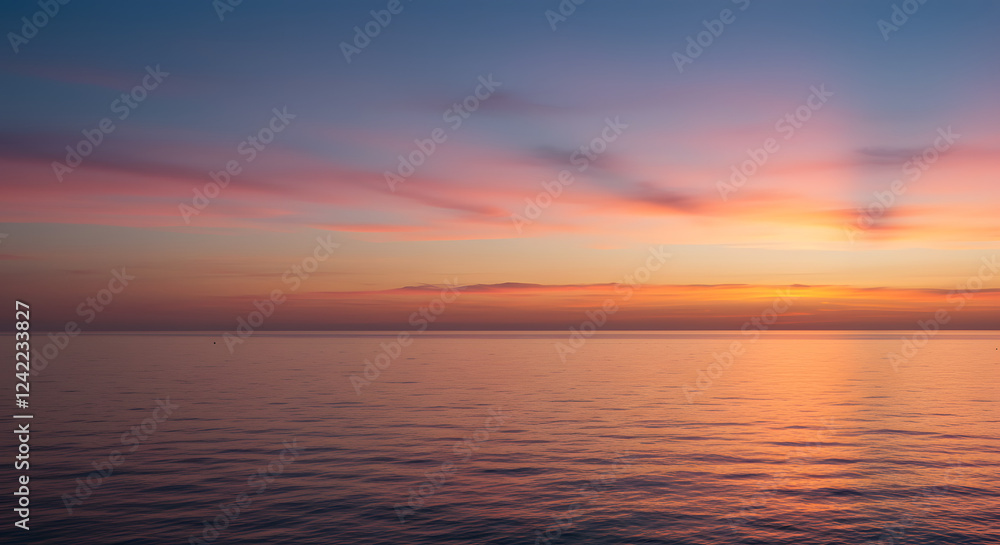 Fototapeta premium Gentle pink and orange hues reflecting off a calm evening sky over the ocean horizon