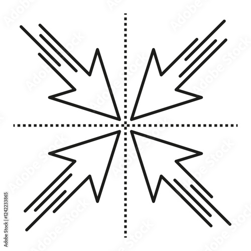 Converging pointer arrows. Center target shape. Vector cross focus. Minimal aiming symbol.