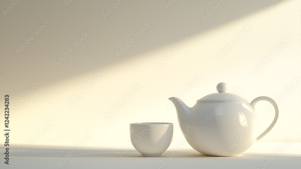 A minimalist scene featuring a white teapot and cup, bathed in soft sunlight against a pale background. A minimalist scene featuring a white teapot and cup, bathed in soft sunlight against a pale background.