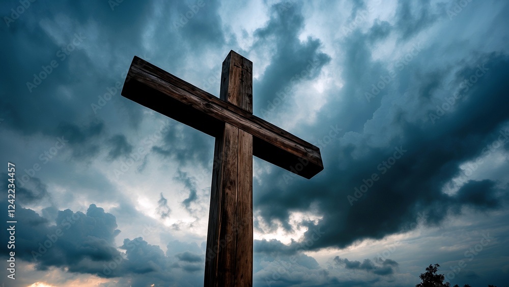 Majestic wooden cross silhouetted against dramatic clouds Majestic wooden cross silhouetted against dramatic clouds