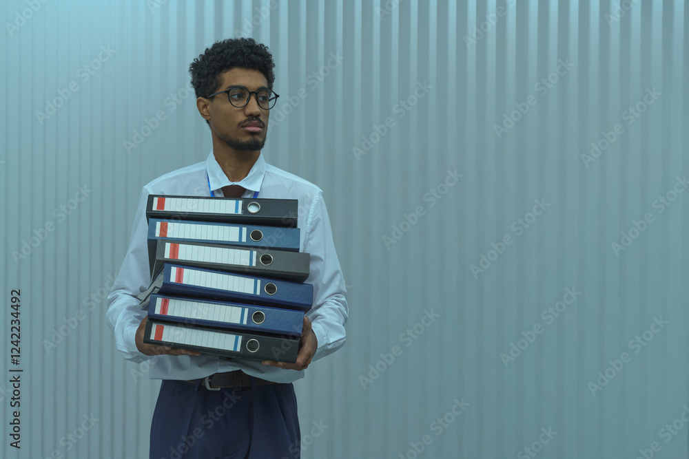 Businessman Holding Stack of Office Binders Businessman Holding Stack of Office Binders