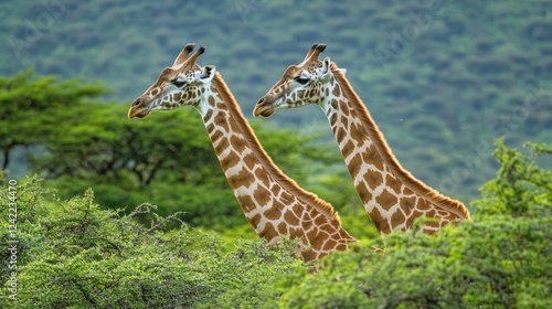 Two giraffes in the midst of their love, showing affection in the savannah backdrop, with lush green trees. World Wildlife Day concept campaign.