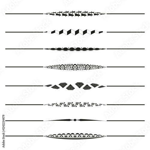 Decorative line set. Ornate border strip. Elegant black shapes. Vector horizontal motif.