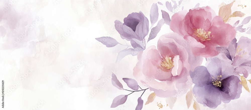 Fototapeta premium Delicate Watercolor Lavender & Pink Floral Bouquet, Copy Space