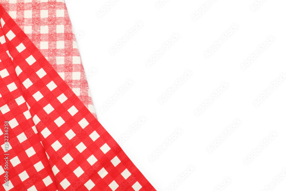 Red checkered tablecloth isolated on white, top view Red checkered tablecloth isolated on white, top view