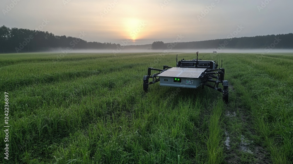 Fototapeta premium A robotic agricultural device operates in a vibrant green field as the sun rises in the background, creating a tranquil atmosphere enhanced by morning mist