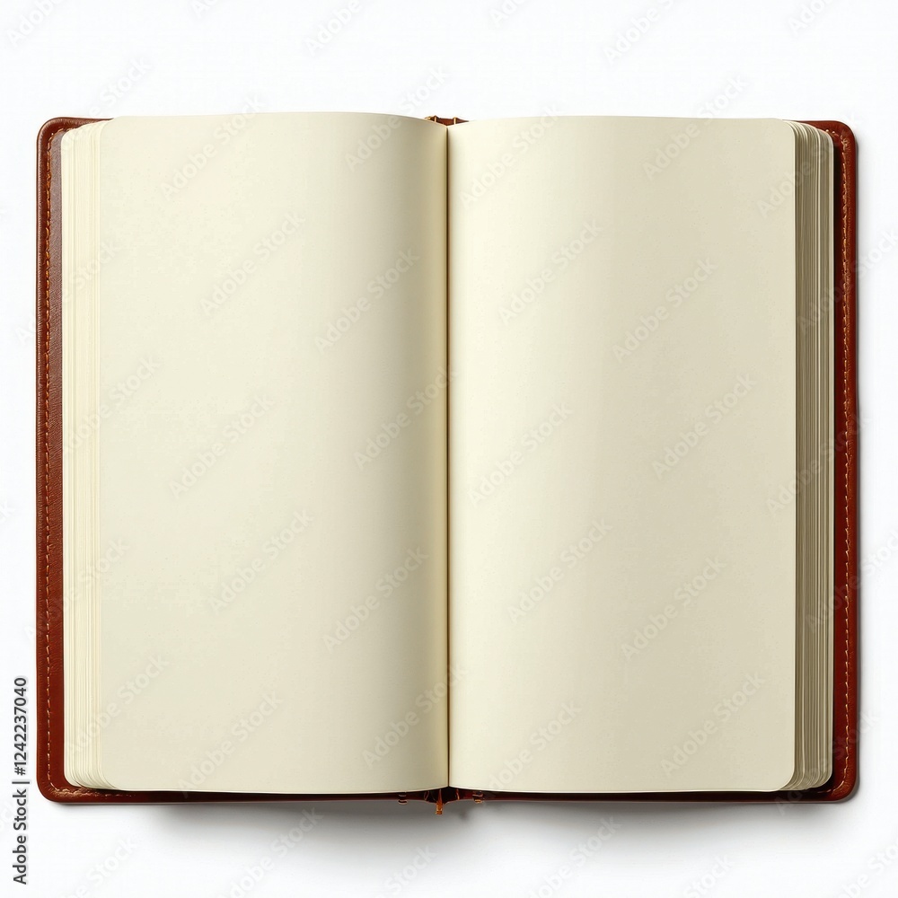 Open Hardcover Notebook with Brown Leather Cover on White Background Open Hardcover Notebook with Brown Leather Cover on White Background
