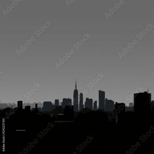 Illustrated city skyline at twilight with skyscrapers silhouetted against a deep blue sky transitioning to a soft yellow horizon skyline silhouette 