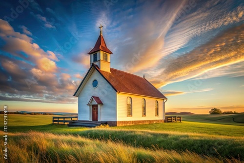 Serene images of minimalist country churches in peaceful landscapes.