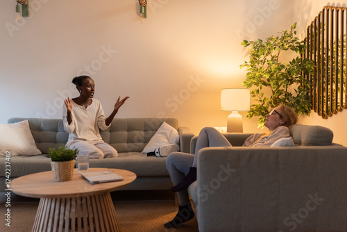 Expressive woman telling story to friend