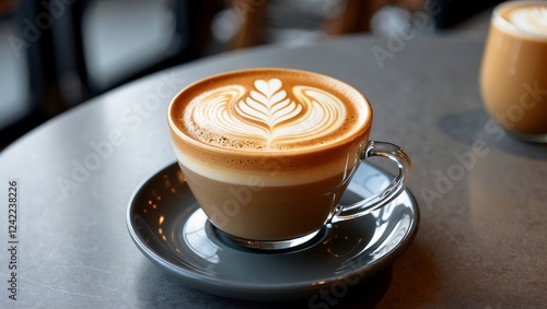 Perfectly brewed latte with artful foam display photo