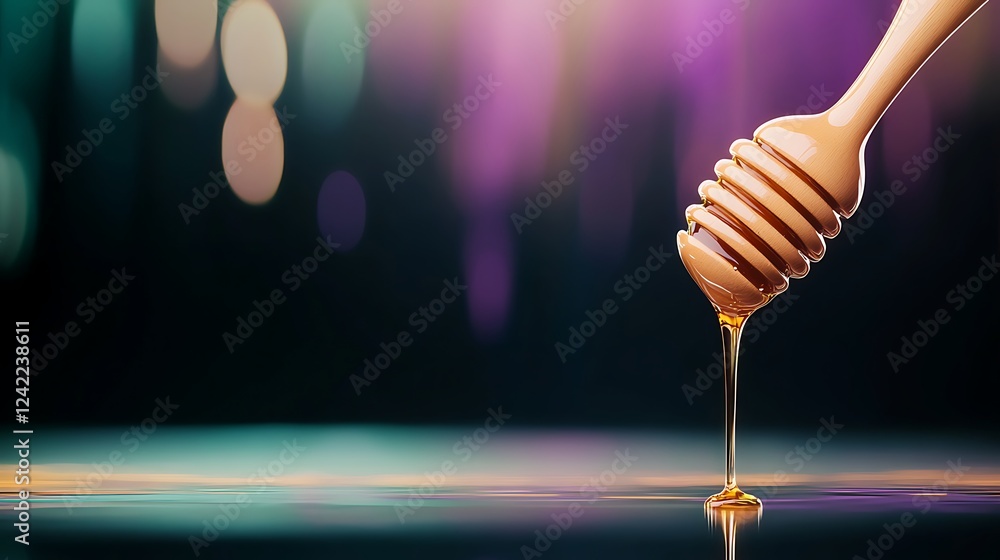 Close-up of honey dripping from a wooden dipper against a colorful, blurred background Close-up of honey dripping from a wooden dipper against a colorful, blurred background