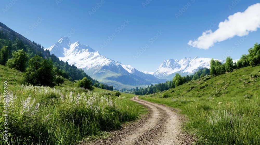 Obraz premium Mountain Valley Path with Snow Peaks