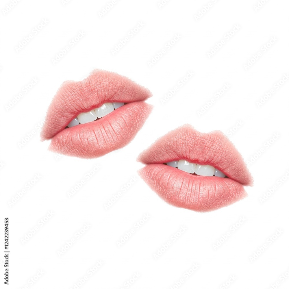 close up of two pairs of pink lips with white teeth against white background close up of two pairs of pink lips with white teeth against white background