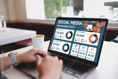 Social media engagement statistics displayed on a digital screen, showing metrics including 755,000 followers, 32,000 likes, 55,000 shares, and engagement rates of 50.9% and 46.9%
