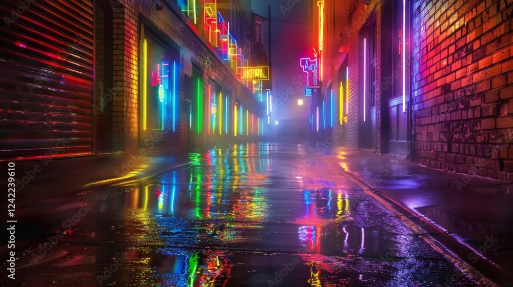 Colorful Neon Lights Reflect on Wet Pavement in Urban Alley Colorful Neon Lights Reflect on Wet Pavement in Urban Alley