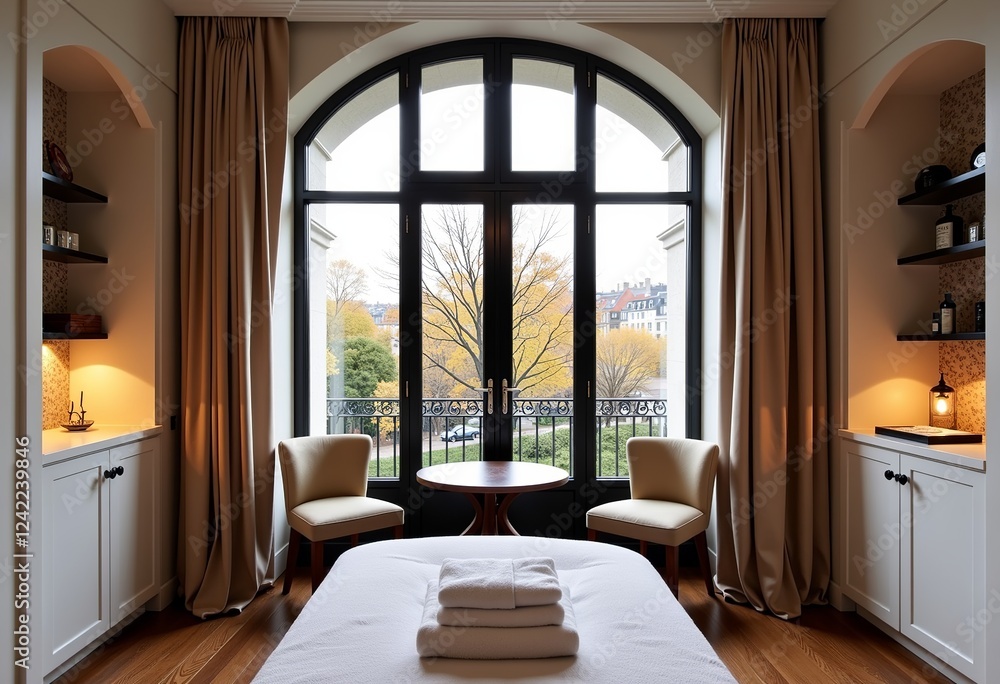 Fototapeta premium Paris Interior Design, Elegant Massage Parlor, Modern Style, Arched Black Windows, Neutral Tones, Beige Curtains, White Walls, Wooden Floors, Soft Lighting, Autumn Scenery. 