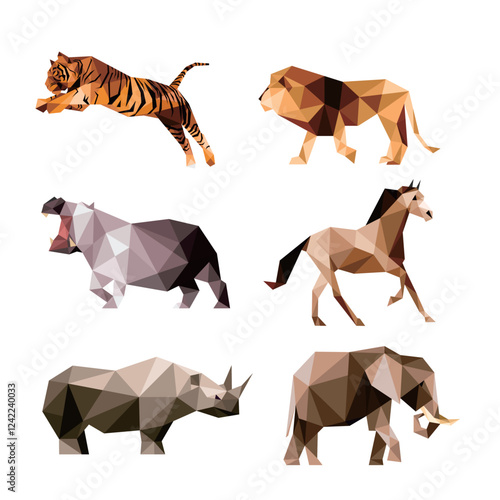 Wild Animal Set in Polygonal low poly. abstract Vector. tiger lion elephant hippopotamus rhinoceros horse in low poly polygon.