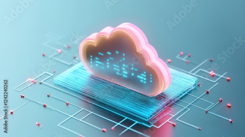 A digital cloud structure is depicted, featuring glowing elements and a data circuit background, representing cloud computing and technology.