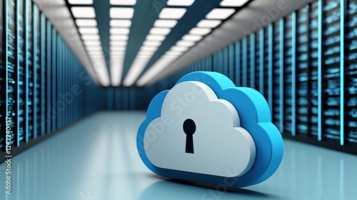 A cloud symbol with a keyhole stands in a futuristic data center filled with server racks, representing cloud security and data protection.