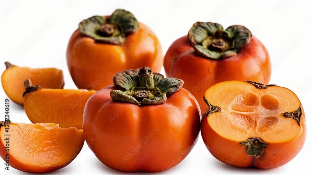 Ripe persimmons, smooth orange skin, whole and sliced.