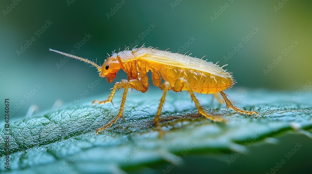 Close-up of a Yellow Insect with Antennae and Spiked Legs on a Green Leaf Close-up of a Yellow Insect with Antennae and Spiked Legs on a Green Leaf