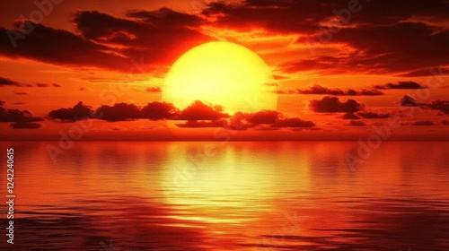 Majestic Sunset Over Calm Ocean with Vibrant Orange and Red Skies