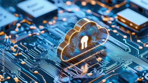 A digital cloud with a lock symbol, set against a circuit board background, representing cybersecurity and cloud computing.