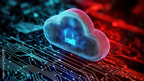 A digital cloud with a lock, set against a circuit board background, symbolizes data security and cloud computing technology.
